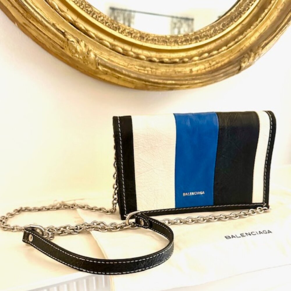 BALENCIAGA BAZAR Stripe Crossbody Shoulder Bag on Chain Blue Black White Leather